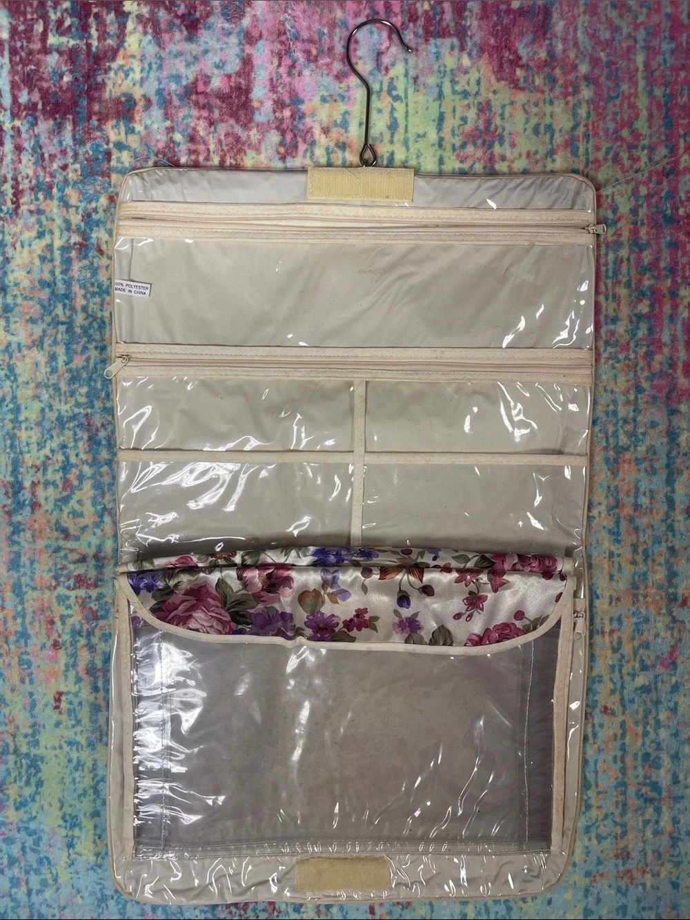 Hanging Makeup Organizer in Beige with Floral Accent